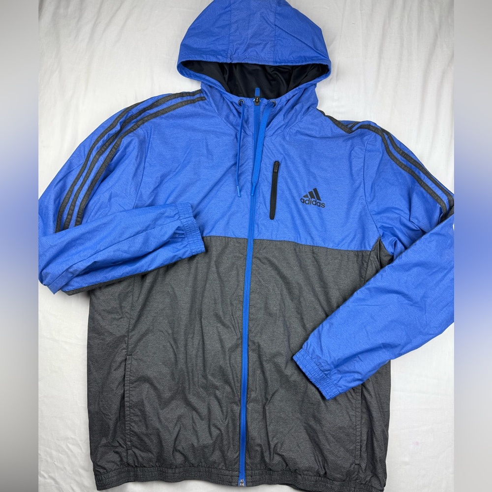 Adidas Jacket Mens Medium Blue Gray Hooded 3 Stripes‎ Windbreaker Zip Up